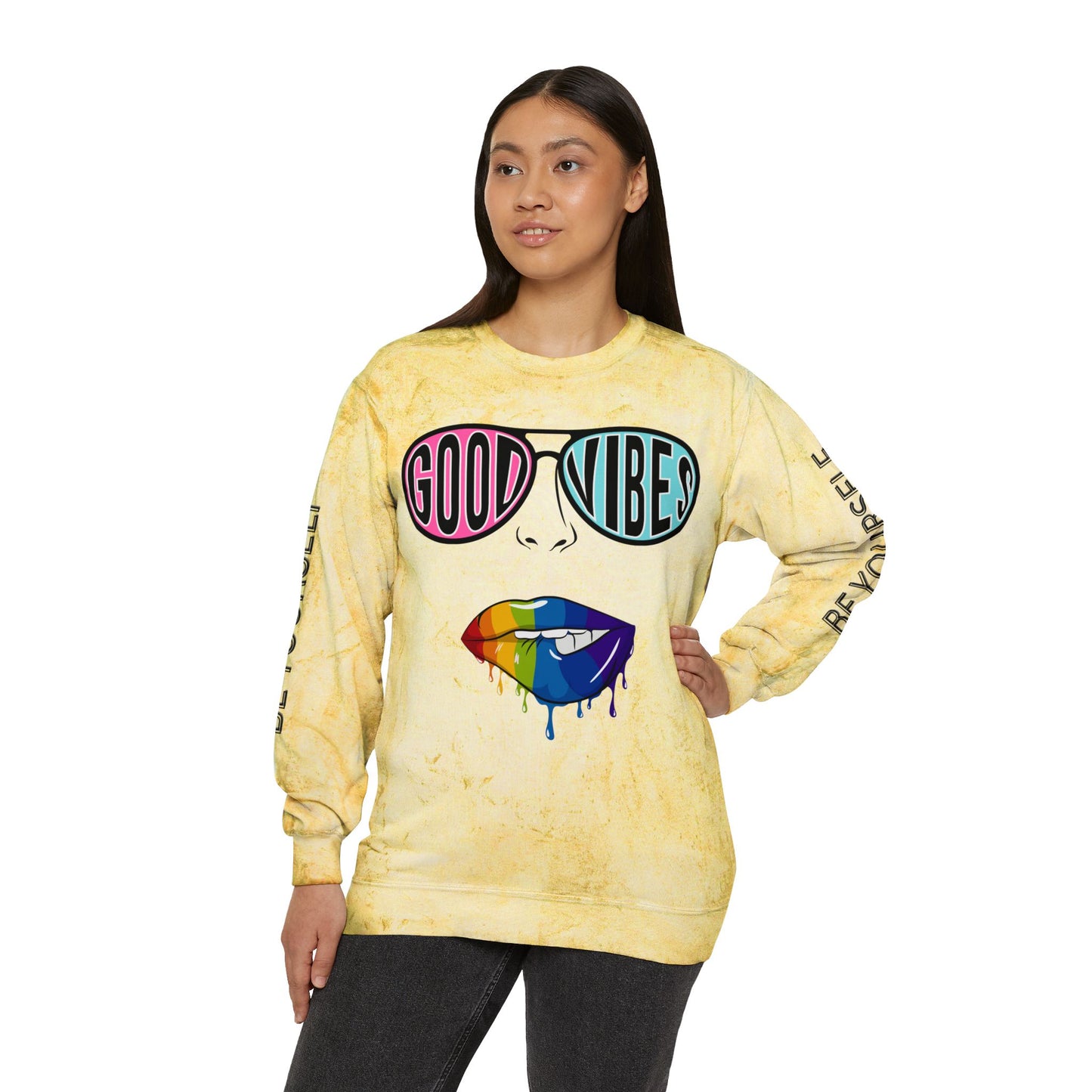 Color Blast Good Vibes Unisex Crewneck Sweatshirt - Perfect for Pride and Self-Expression