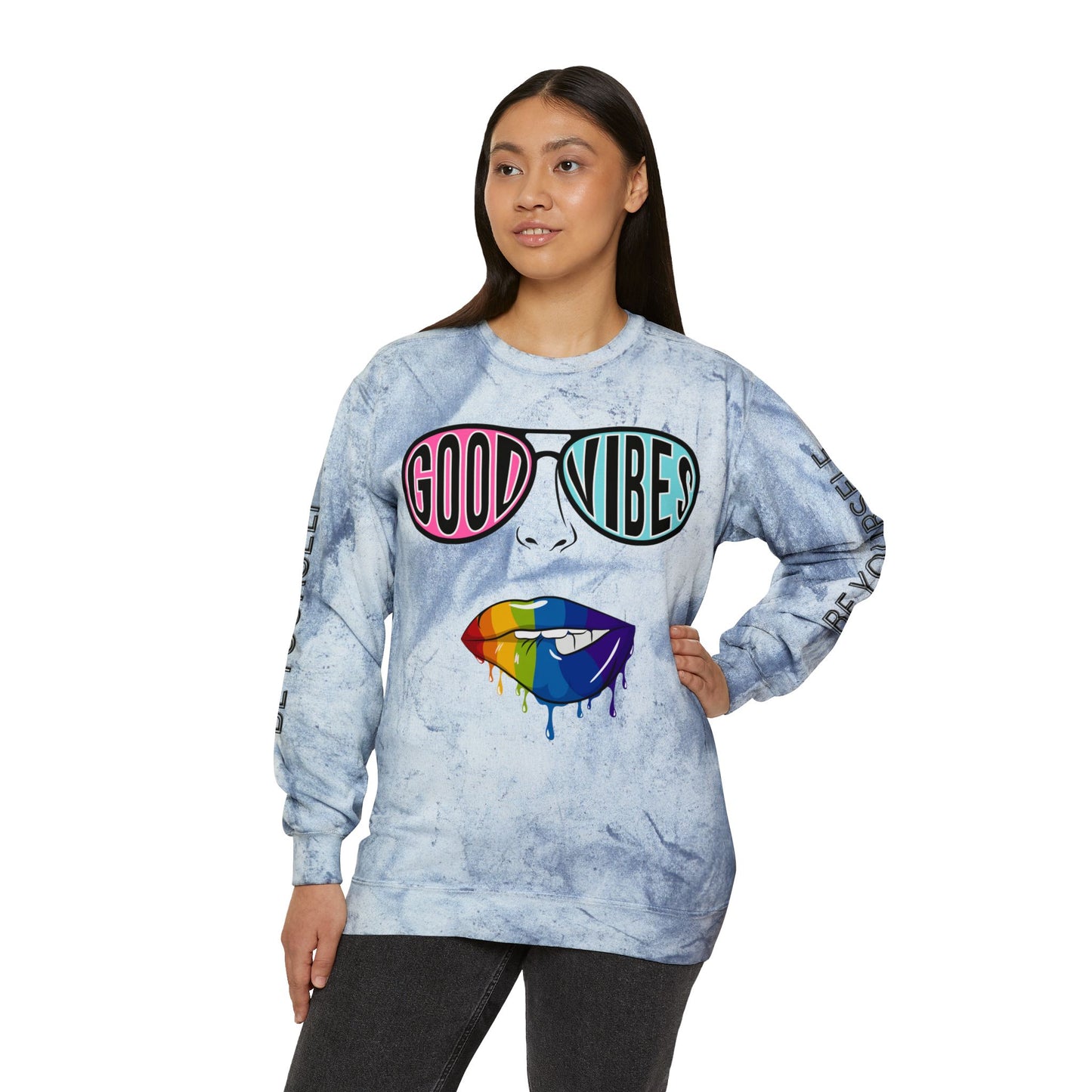 Color Blast Good Vibes Unisex Crewneck Sweatshirt - Perfect for Pride and Self-Expression