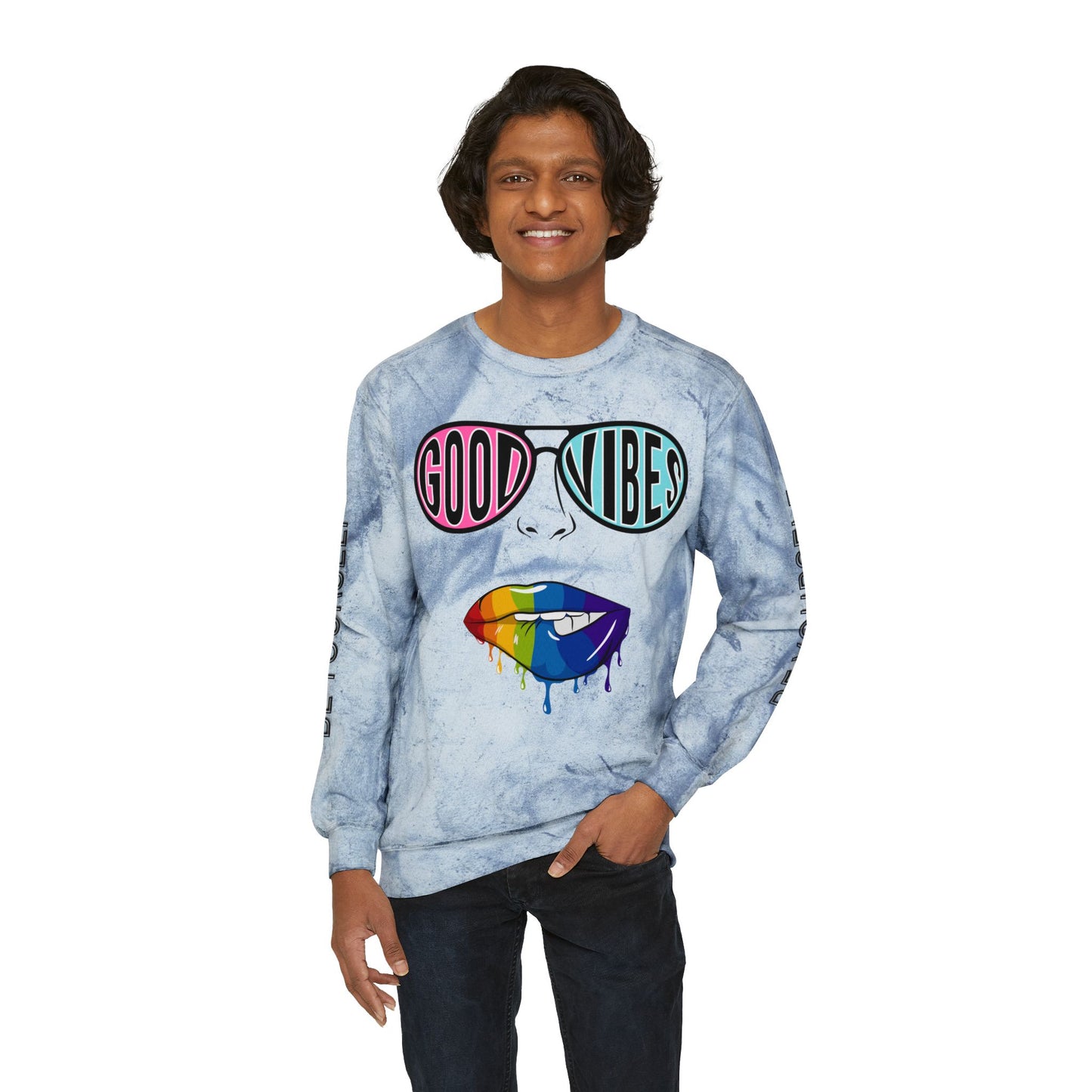 Color Blast Good Vibes Unisex Crewneck Sweatshirt - Perfect for Pride and Self-Expression