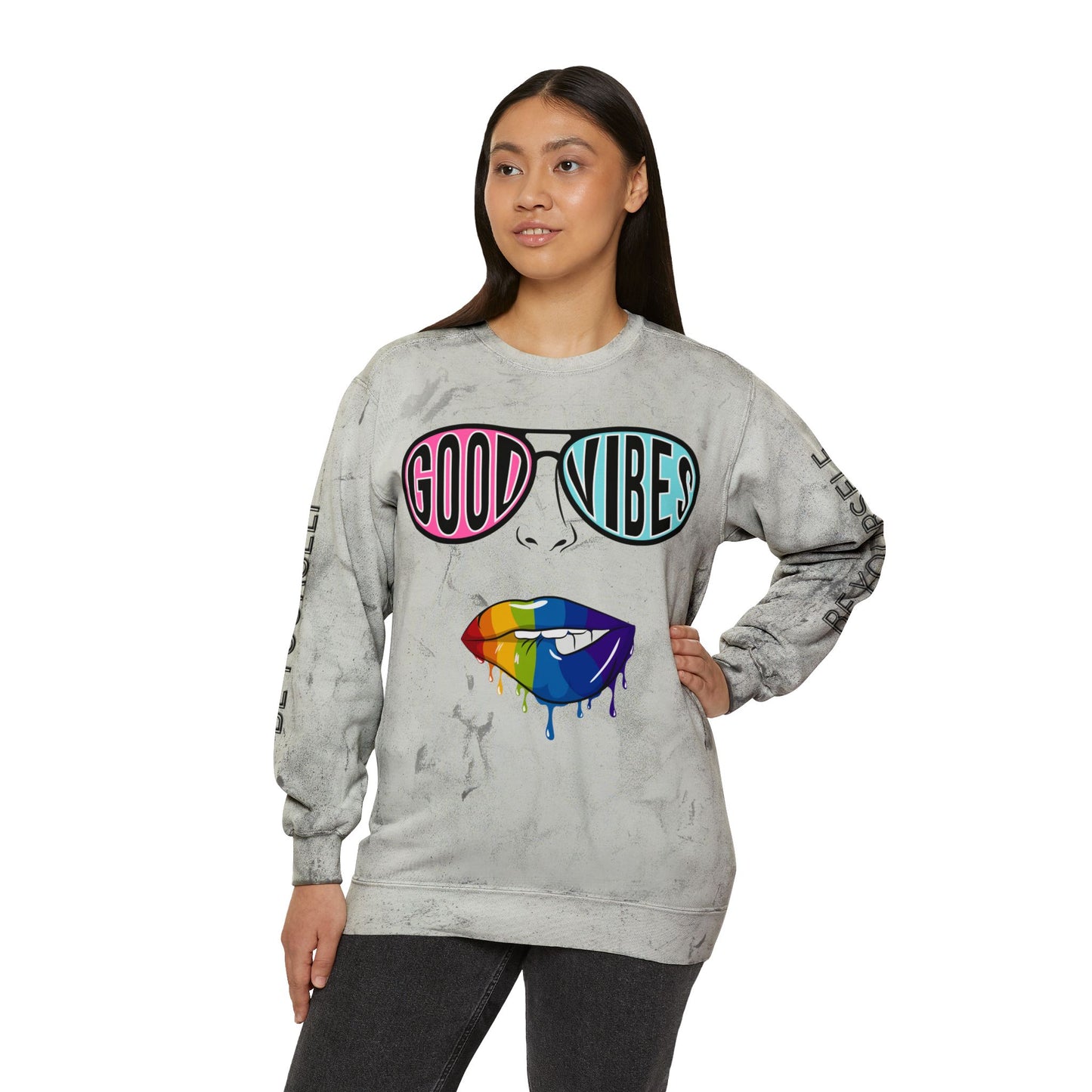 Color Blast Good Vibes Unisex Crewneck Sweatshirt - Perfect for Pride and Self-Expression